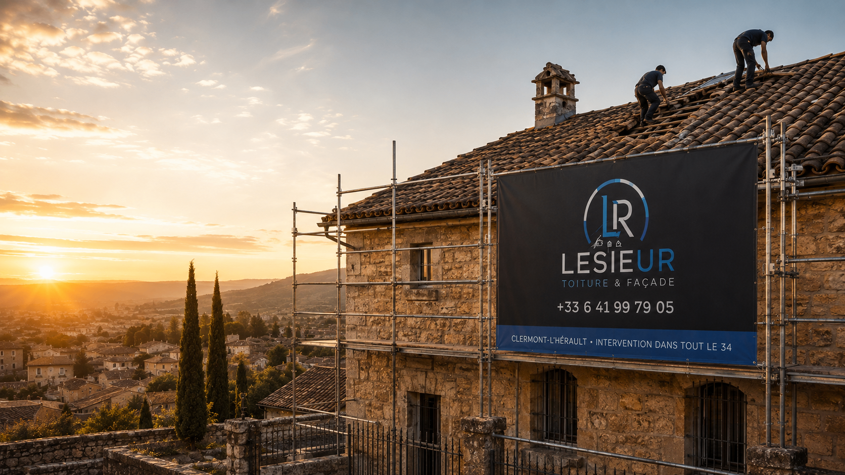 Chantier de toiture au coucher du soleil avec bâche Lesieur Toiture & Façade sur l’échafaudage