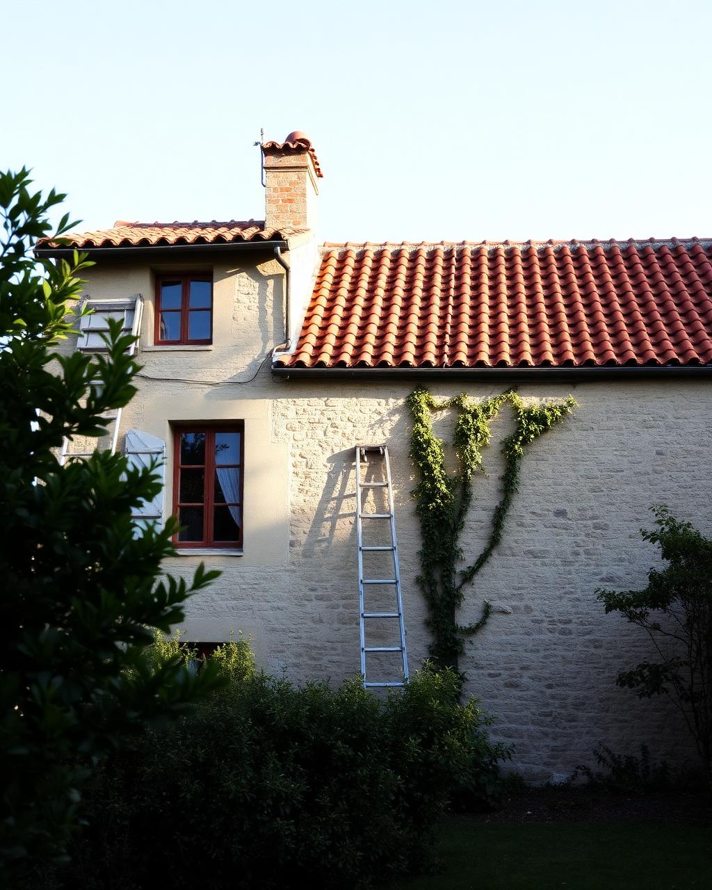 Maison en pierre avec échelle appuyée le long du mur, photographie d’illustration