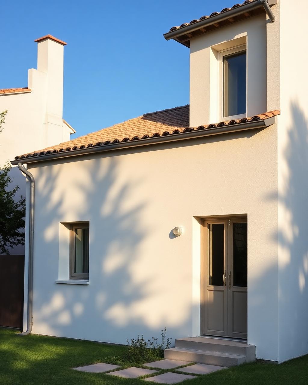 Façade contemporaine à l’enduit clair sous la lumière du sud, photographie d’illustration
